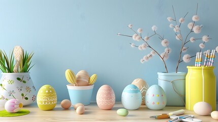 3D render of DIY Easter crafts setup with materials and partially decorated eggs, Photo stock style, clean background, no copyrighted logo, no letters