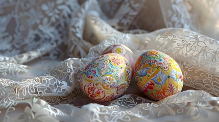 3D render of Intricately decorated Ukrainian pysanky eggs on a white lace cloth, Photo stock style, clean background, no copyrighted logo, no letters