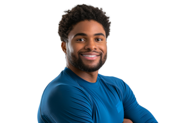 Portrait of a handsome guy wearing blue T-shirt, take shot from front view, studio photo, isolated on transparent background