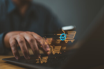 Businessman shopping cart and business icons, concept of internet Technology, online shopping, business delivery e-commerce, shopping on internet, service on the online web. Offers home delivery.