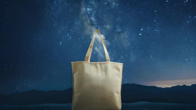 Canvas tote bag under starry night sky with Milky Way