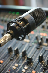 Naklejka premium Radio station DJ: A microphone with mixing console and records around.