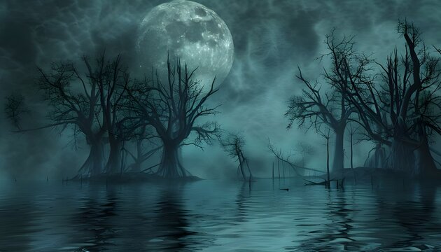 fantasy background with moon dead trees reflecting in the water