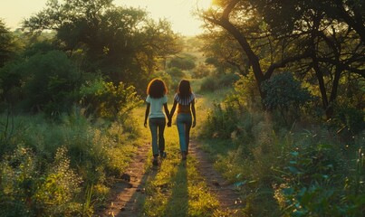 Obraz premium Two women holding hands and walking through a field. AI.