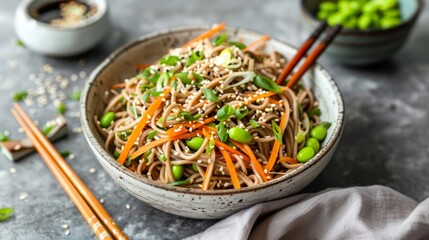 A refreshing buckwheat soba noodle salad with a citrus soy dressing topped with edamame shaved carrots and sesame seeds.