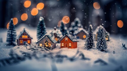 Miniature houses covered in snow. AI.