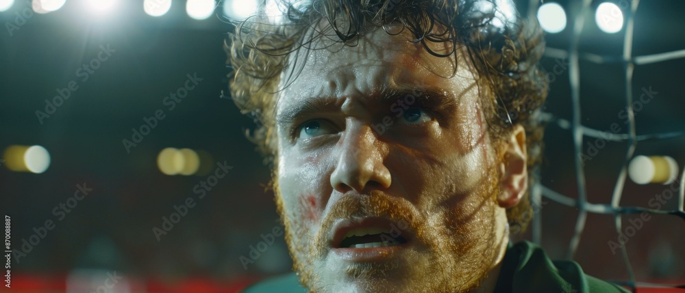 Canvas Prints Close-up of a determined soccer player looking up at the stadium lights. AI.