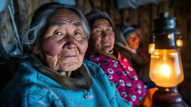 Portrait of an elderly Inupiat woman in traditional dress, Alaska, USA. AI.