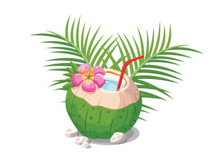 Coconut juice in half fruit with flower and leaf isolated on white background. EPS 10 vector illustration