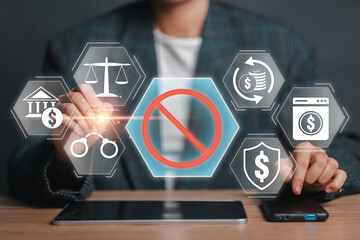 Digital illustration highlighting anti-money laundering with icons for financial security, legal...