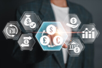 A businessman touches a digital interface displaying various financial icons related to Exchange Traded Funds (ETFs) and investment growth.