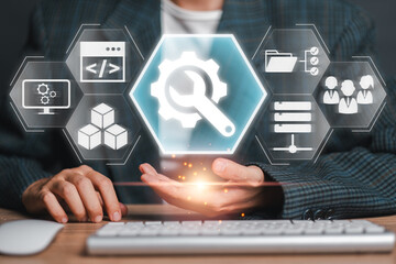 Futuristic representation of a Software Development Kit (SDK) with digital tools and icons, ideal...