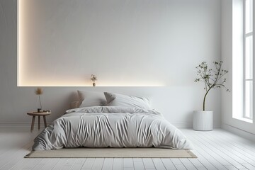 Minimalist bedroom interior design with white walls, comfortable bed, and soft lighting.  Concept of modern home decor, tranquility, and relaxation.