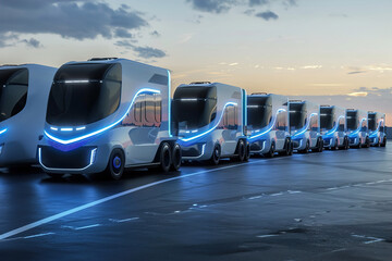 Electric truck fleet parked at a logistics center, workers inspecting vehicles.