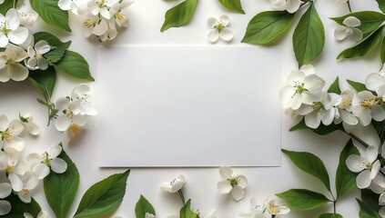 Fototapeta premium White Flowers and Green Leaves Surrounding a Blank Card