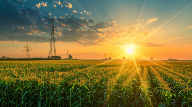 Panorama view of countryside landscape with maize field and transmission tower on the background. Corn field with sunset sun