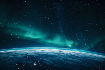 Obraz premium Breathtaking view of Earth's aurora borealis from space. showcasing vibrant green hues, star clusters, and the planet's curvature