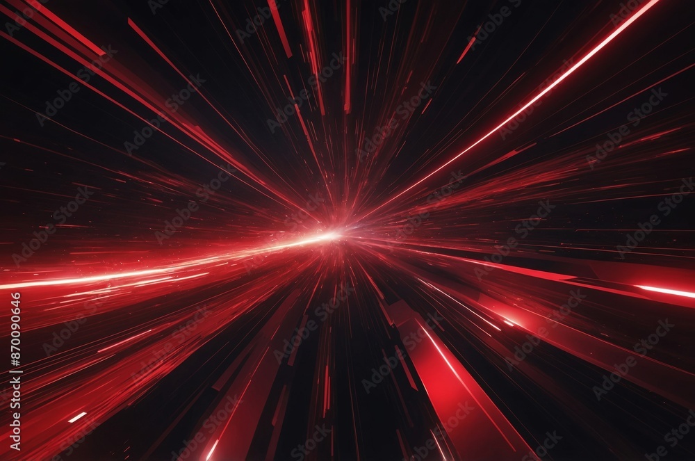 Wall mural Abstract red and white light speed through space on black background digital technology