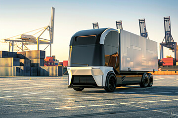 Electric truck transporting goods in a port, cranes and containers, logistics, clean environment.