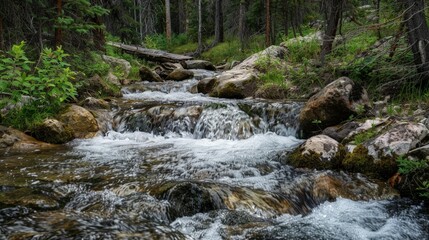 Fototapeta premium A babbling brook winds through the forest, its clear, sparkling water a refreshing reminder of purity.