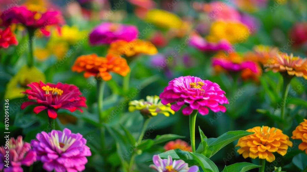 Poster A bed of zinnias blooms in a riot of colors, their sturdy stems and long-lasting flowers making them a garden favorite.