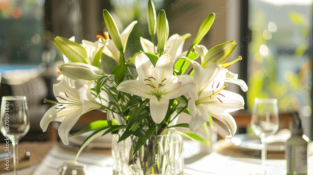 Poster A bouquet of lilies graces the table, their white petals and delicate scent bringing a touch of elegance to the room.