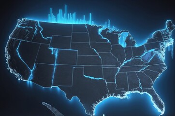 Digital illustration of united states map with glowing blue outlines and borders america usa