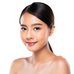 Portrait of a young Asian woman with K-beauty makeup, flawless skin, isolated on a white or transparent background in PNG format for skincare product advertising.