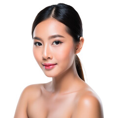 Portrait of a young Asian woman with K-beauty makeup, flawless skin, isolated on a white or transparent background in PNG format for skincare product advertising.