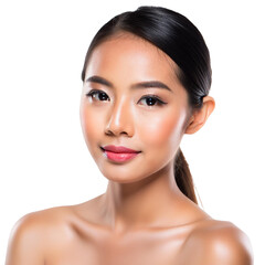 Portrait of a young Asian woman with K-beauty makeup, flawless skin, isolated on a white or transparent background in PNG format for skincare product advertising.