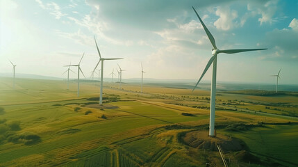 Obraz premium Spinning wind towers generating energy in fields. Drone view of wind turbines. Spinning wind towers generating alternative energy in fields. Industrial windmills producing huge amount of green energy