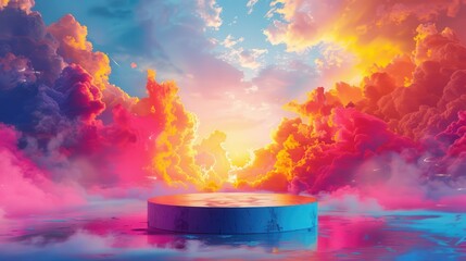 Podium surrounded by floating paint splashes in a bright and colorful sky, illustration background