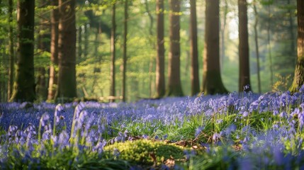 A carpet of bluebells covers the forest floor, their bell-shaped flowers creating a magical woodland scene.
