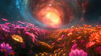 Podium amidst a field of glowing neon flowers, with a swirling color vortex above, illustration background
