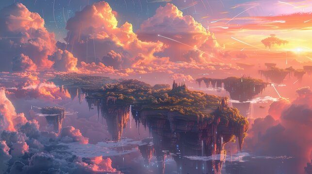 Podium in a fantasy landscape with floating islands and colorful skies, illustration background
