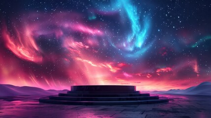 Podium surrounded by swirling auroras in a vibrant night sky, illustration background