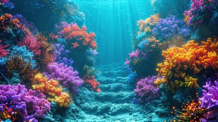 Podium in an abstract underwater scene with vibrant coral and swirling water, illustration background