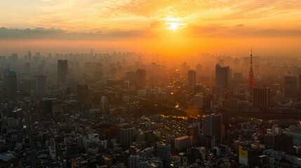 Fototapeta premium A cityscape bathed in the soft glow of sunrise looks almost magical, the buildings and streets coming to life with the new day.