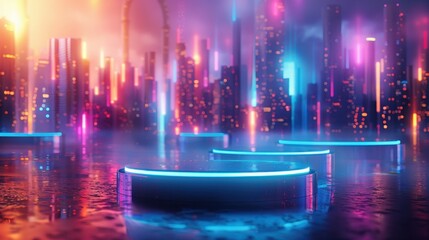 Podium in a futuristic cityscape with neon lights and swirling colors, illustration background