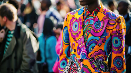 Naklejka premium A bold fashion statement with a person wearing a vibrant, patterned suit and unconventional accessories, standing out in a crowd