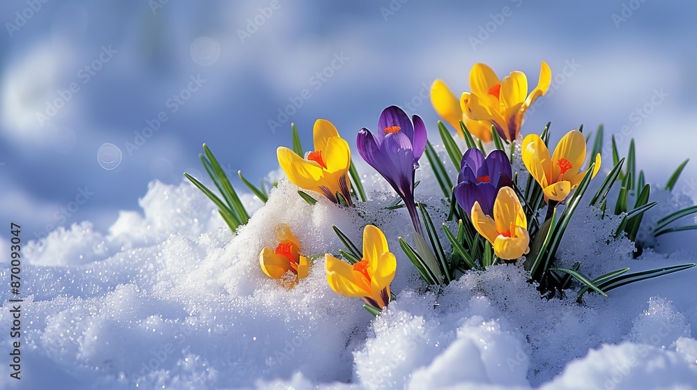 Poster a cluster of crocuses peeks through the snow, their vibrant colors a hopeful sign of spring's immine