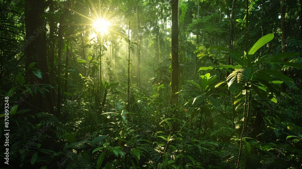Poster a dense forest canopy filters the sunlight, casting dappled shadows on the forest floor and creating