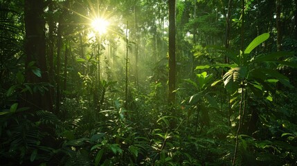 Fototapeta premium A dense forest canopy filters the sunlight, casting dappled shadows on the forest floor and creating a serene atmosphere.