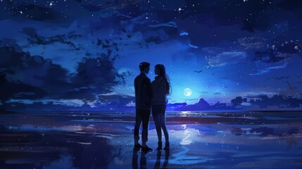 Silhouette of Lovers at the beach under the moonlight