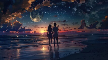 Fototapeta premium Silhouette of Lovers at the beach under the moonlight