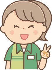ピースをするアルバイトの女の子