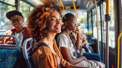 Fototapeta premium A diverse group of passengers sitting on a bus, showcasing the variety of people who use public transportation