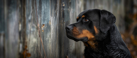 Obraz premium Portrait Painting of Dignified Rottweiler Standing Guard by Rustic Wooden Fence