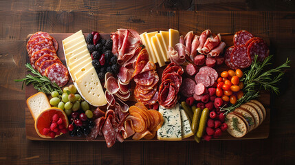 Overhead perspective of charcuterie board, food tray serving, food photography.