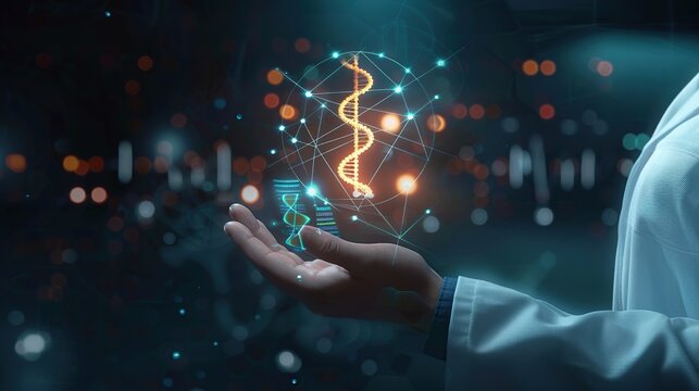 Scientist holding DNA strand with bokeh background.